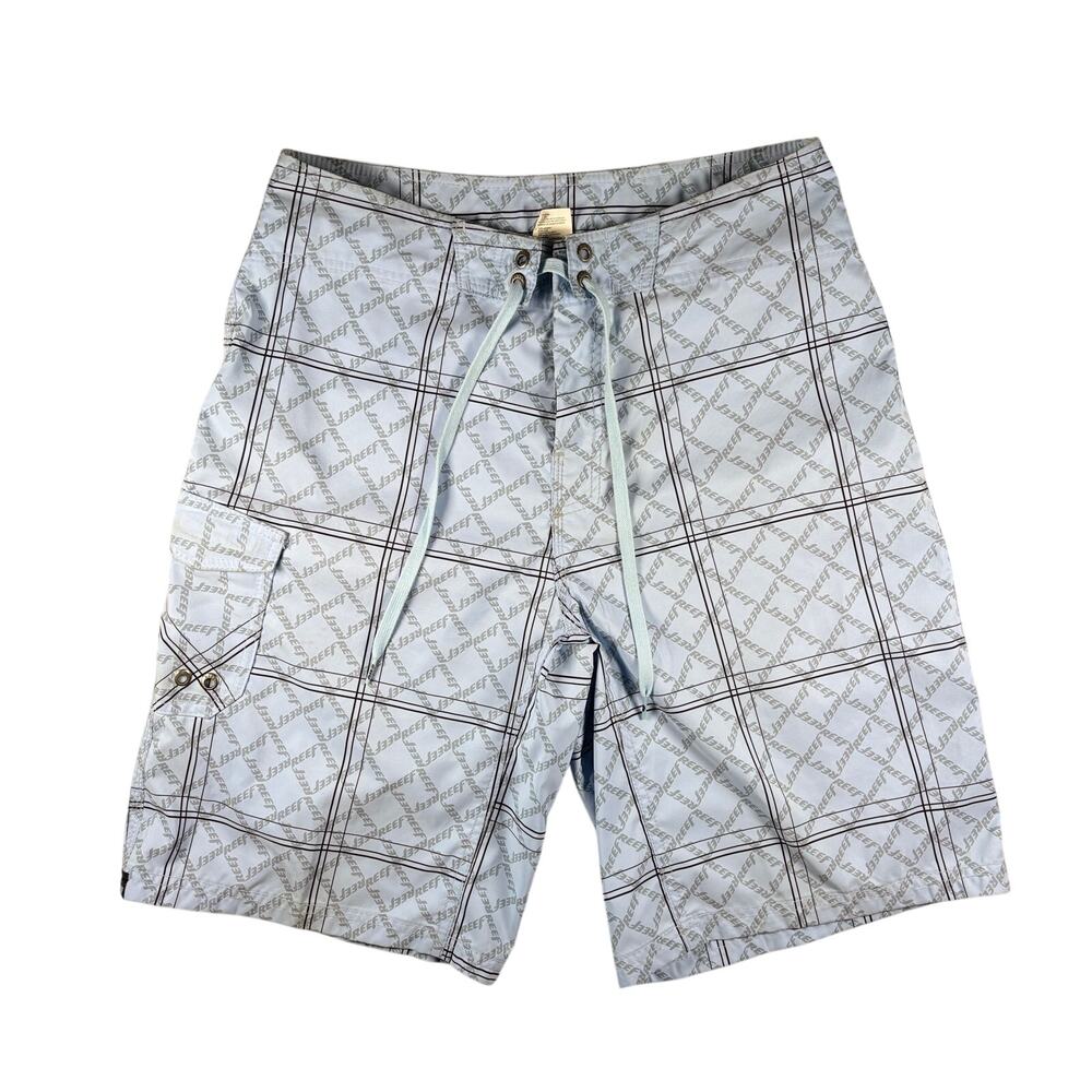 Reef Board Shorts Mens 32 Blue AOP Logo All-Over Print Y2K Surfing Swim Trunks
